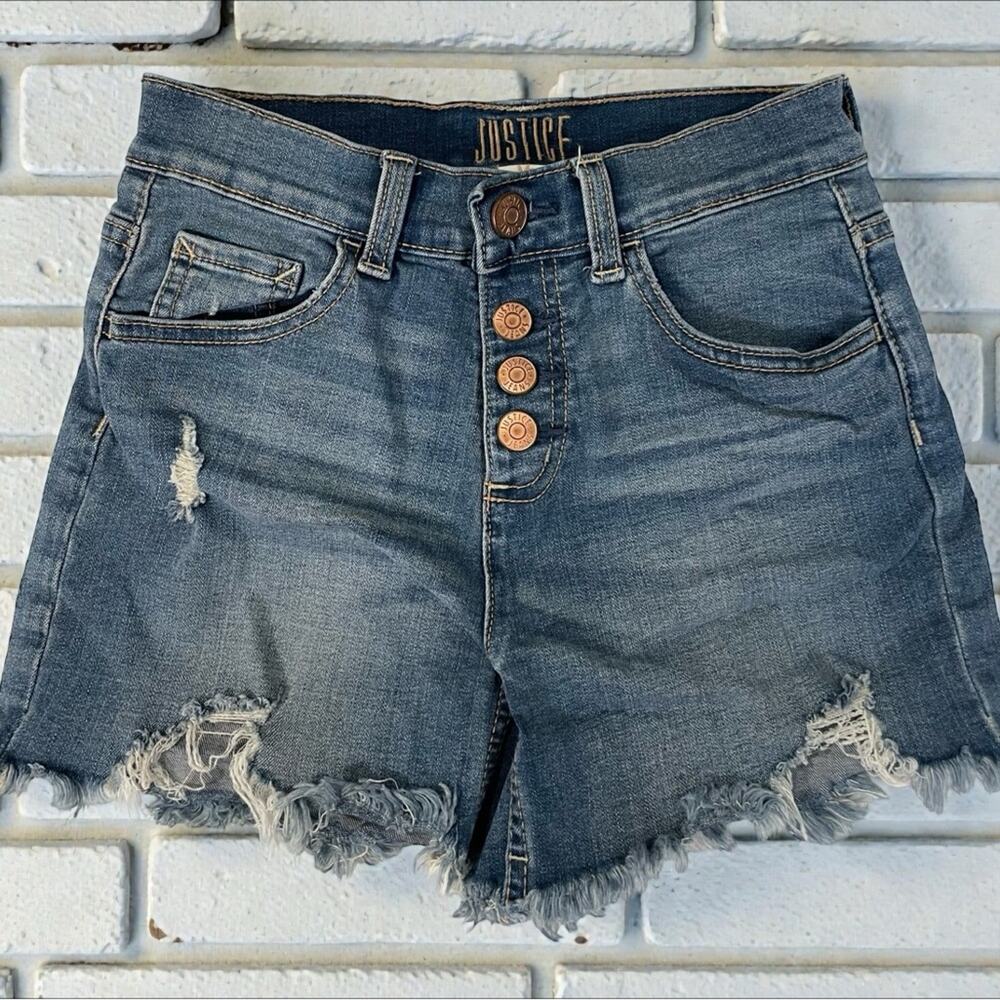 Justice Girls Distressed Denim Shorts High Rise Button Fly Raw Hem Size 12